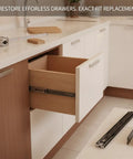 Side-Mount Drawer Slides For Cabinets, Cold-Rolled Steel Replacement Hardware, installed in kitchen cabinet drawer
