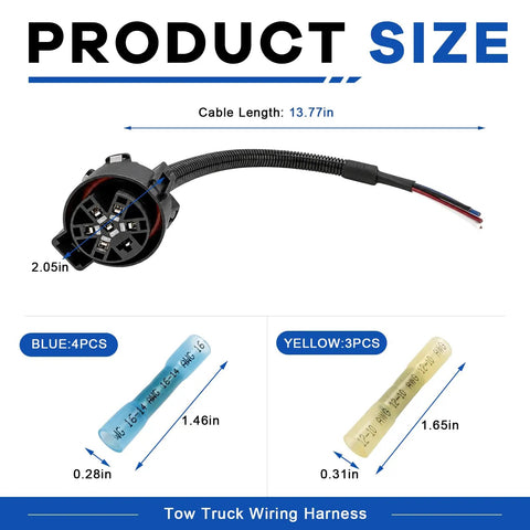 Bulletproof USCAR Seven Pin Trailer Wiring Harness With Multi Tow Connector For Rvs And Pickup Trucks showing cable length and connector sizes.