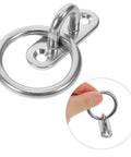 Rock Solid Stainless Steel Pad Eye Plates And Heavy Duty Mounting Rings With M5 Threads shown with a finger for scale and quick attachment.