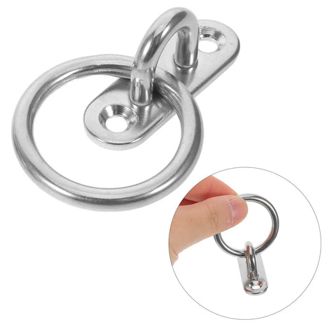 Rock Solid Stainless Steel Pad Eye Plates And Heavy Duty Mounting Rings With M5 Threads shown with a finger for scale and quick attachment.