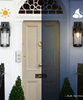 Motion Sensor Outdoor Wall Light With Three Lighting Modes For Porch And Exterior Use Black Dusk To Dawn Wall Mount Lantern Style Lighting For House Garage And Entryway Bulb Not Included, showing day and night modes on house entrance.