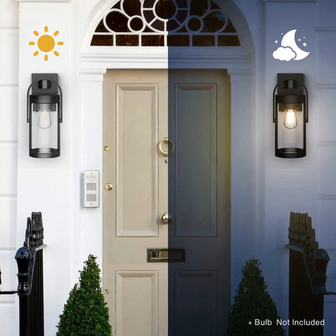Motion Sensor Outdoor Wall Light With Three Lighting Modes For Porch And Exterior Use Black Dusk To Dawn Wall Mount Lantern Style Lighting For House Garage And Entryway Bulb Not Included, showing day and night modes on house entrance.