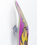 Side view of Dope Clear Acrylic Skateboard Wall Mount Hanger displaying a colorful skateboard vertically, includes caps and anchors.