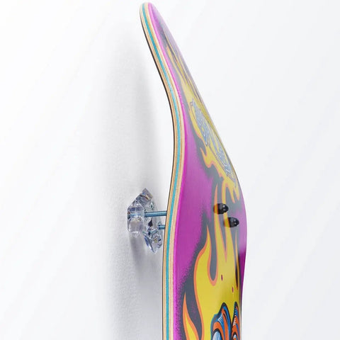 Side view of Dope Clear Acrylic Skateboard Wall Mount Hanger displaying a colorful skateboard vertically, includes caps and anchors.