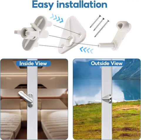 Pontoon Boat Gate Latch Replacement Kit 2 Pack for Square Frame Gates 1 to 1.25 Inch Universal Fit Left or Right Hinge Includes Hardware Marine Grade Polypropylene Easy Install and No Fuss Will Not Rattle or Corrode shown with easy installation steps and views inside and outside gate.