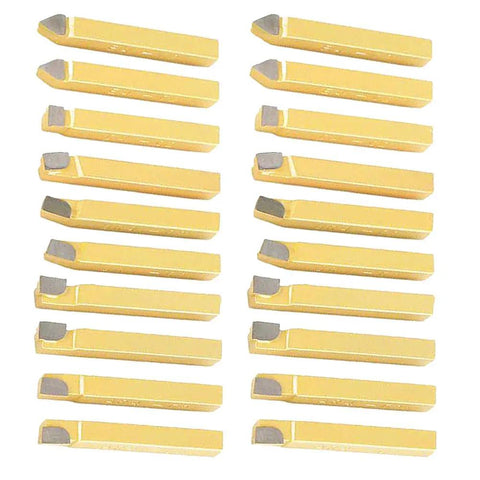 Top Notch 20 Piece 1/4 Inch Carbide Lathe Tool Set For Heavy Duty CNC And General Lathes, showing yellow and gray precision steel bits.