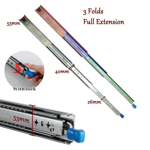 Heavy Duty Full Extension Ball Bearing Drawer Slides With Lock 52 Inch Steel Cabinet Runners Pair, showing lock and measurements.