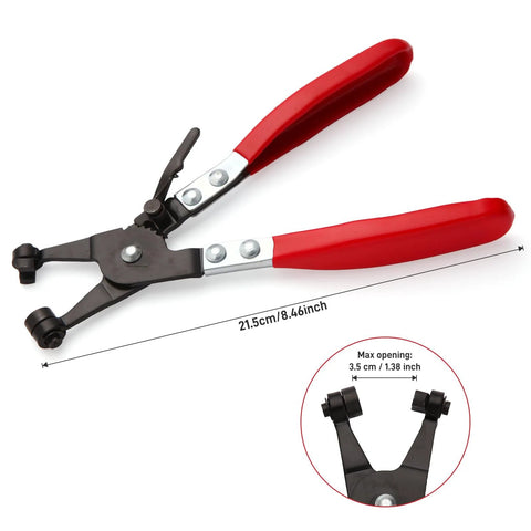 Hose Clamp Pliers for Automotive Use With Swivel Flat Band for Easy Removal and Precise Installation of clamps, red handles