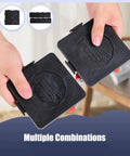Close-up of black square furniture mover pads from Heavy Duty Furniture Mover Lifter Kit With Extension Bar And Four Wheel Dollies.