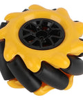 Mecanum wheel for geared motor, yellow ABS outer with rubber rollers and black hub, 48mm, close-up view