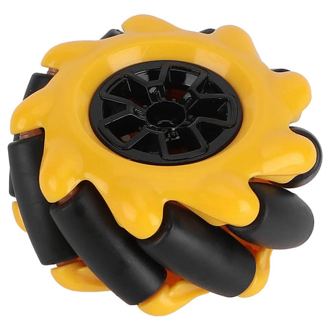 Mecanum wheel for geared motor, yellow outer shell with black angled rollers, 48mm diameter for robot cars