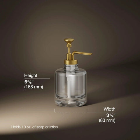 Artifacts Soap Dispenser Assembly For Kitchen And Bath, glass reservoir, Brushed Brass, dimensions marked, heavy-duty build.