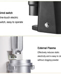 Hella Sharp 48Mm Conical Burr Electric Coffee Grinder With Stepless Knobs and Single Dose Catch Cup grind switch and external plasma close-up.