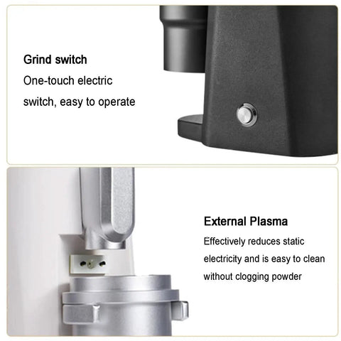 Hella Sharp 48Mm Conical Burr Electric Coffee Grinder With Stepless Knobs and Single Dose Catch Cup grind switch and external plasma close-up.