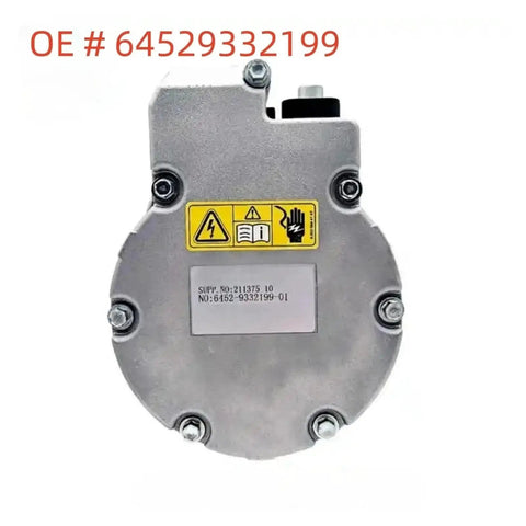 BMW Compatible Direct Fit Air Conditioning Compressor Electric Refrigeration Unit Featuring Toughened Scroll Compression rear view with safety labels.