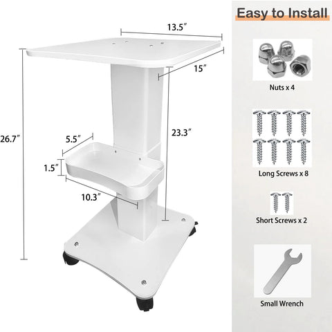 Esthetician Cart With Three Tiers Rolling Beauty Trolley Featuring 360 Degree Silent Wheels And Aluminum Alloy Tray, assembly parts shown