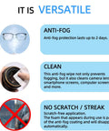 Anti-fog wipes for glasses – infographic showing foggy glasses, camera lens, and no-scratch streak-free feature.