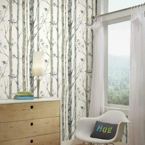 Room interior featuring White Birch Trees Peel And Stick Wallpaper Vinyl 12 Ft By 9 Ft Made In USA Easy To Apply No Water Needed No Mess