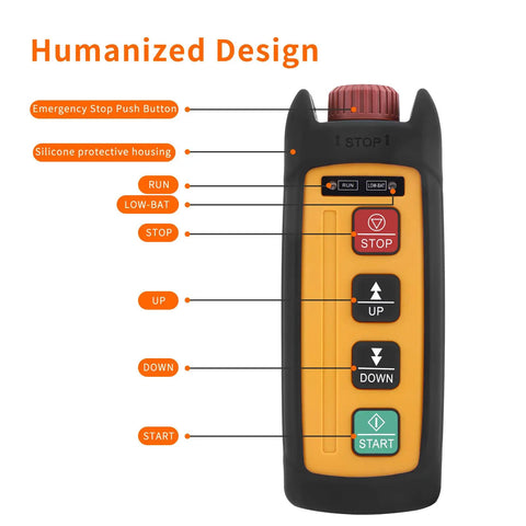 Compact Wireless Industrial Electric Chain Hoist Crane Remote Control Transmitter And Receiver For Mini Overhead Lifting Systems With 2 Channel Operations ergonomic remote control with buttons and emergency stop feature
