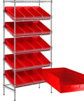 Heavy Duty 18 By 36 By 74 Inch Metal Wire Utility Rack With 20 Red Polypropylene Bins showing slanted compartments and chrome frame.