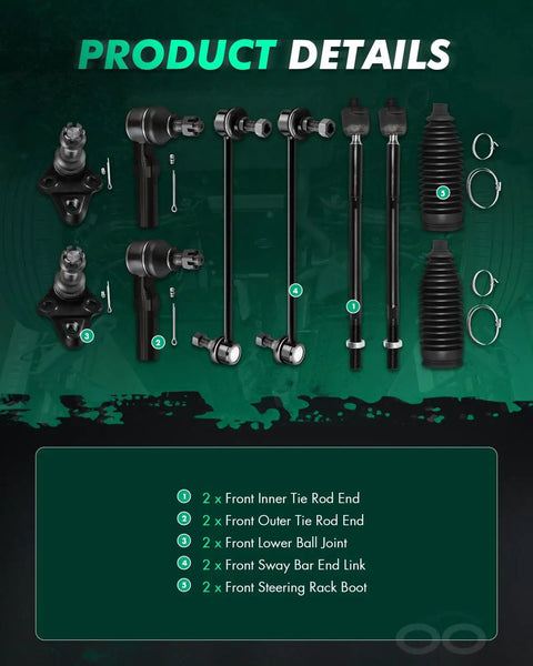10 Piece Front Suspension Kit For Toyota Corolla 2009 To 2019 Replace Lower Ball Joints Inner And Outer Tie Rod Ends Sway Bar End Links With Boots Steering Rack Boot Included Easy Install, laid out