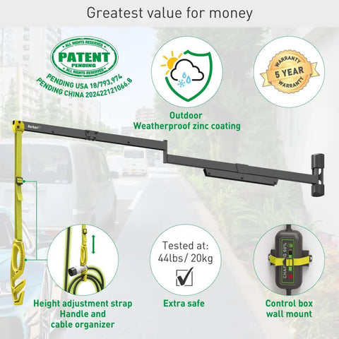 Heavy Duty EV Charging Cable Wall Mount Retractor Arm With Badass Weatherproof Zinc Coating For Indoor Outdoor Electric Vehicle Cord Management and Clean Safe Driveway Setup, showing weatherproof design and height adjustment.