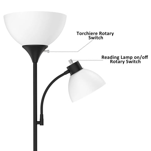 LED Torchiere Floor Lamp With Adjustable Reading Light For Bedroom And Living Room, Matte Black Standing Lamp, 2700K Bulb Included, Modern Space Saving Design For Cozy Vibe showing rotary switches
