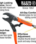 Close-up of 6-inch locking pliers from Locking Pliers Set Three Piece Long Nose 6 Inch Curved Jaw with molded grips and quick-release feature.