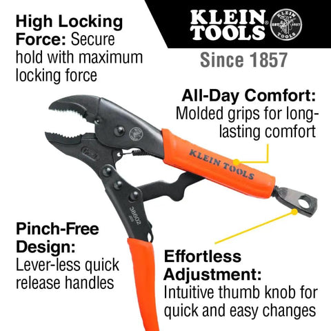 Close-up of 6-inch locking pliers from Locking Pliers Set Three Piece Long Nose 6 Inch Curved Jaw with molded grips and quick-release feature.