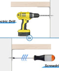 Electric drill and screwdriver side by side, highlighting options for using The Real Deal 304 Stainless Steel Corner Braces 90 Degree L Shaped Joint Connectors.