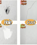 Before and after images of a wall with a hole and crack repaired using Fast Dry Wall Repair Paste Kit With Scraper For Quick Hole And Crack Patches, Easy Home Wall Fixes, Dry In Minutes, Sand And Paint Ready, Three-Piece Set For Smooth, Lasting Repairs, showing smooth and seamless surface.