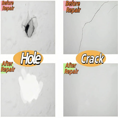 Before and after images of a wall with a hole and crack repaired using Fast Dry Wall Repair Paste Kit With Scraper For Quick Hole And Crack Patches, Easy Home Wall Fixes, Dry In Minutes, Sand And Paint Ready, Three-Piece Set For Smooth, Lasting Repairs, showing smooth and seamless surface.