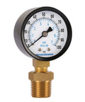 Measureman 2 pressure gauge for well pumps, 0-100 psi / 0-7 bar, brass 1/4 NPT male with 1/2 NPT adaptor, front view