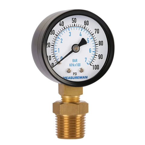 Measureman 2 pressure gauge for well pumps, 0-100 psi / 0-7 bar, brass 1/4 NPT male with 1/2 NPT adaptor, front view