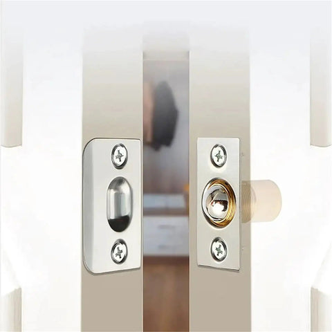 Close-up view of 4 pack adjustable ball catch door latches with spring tension and screws hardware mounted on door frame.