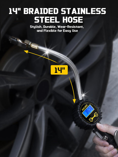 Hand holding digital tire inflator with pressure gauge 200 PSI auto shutoff LED flashlight, 14-inch braided steel hose
