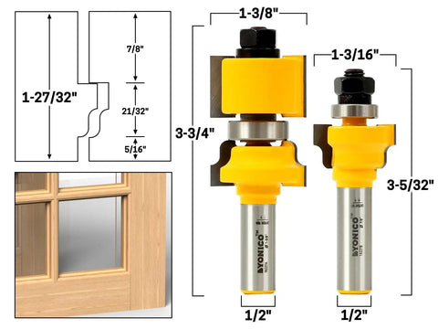 Shop Grade 1/2 Inch Shank Ogee Router Bits Set with precision dimensions for custom window sash frames and French doors.
