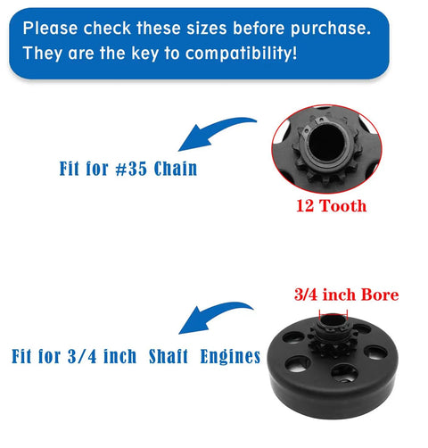 Diagram of Go Kart Clutch Three Quarter Inch Bore Twelve Tooth No 35 Chain Centrifugal Clutch compatibility details.