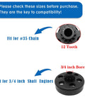 Infographic showing compatibility details of 12 Tooth Three Quarter Inch Bore Centrifugal Clutch For 35 Chain Fits Predator 212cc
