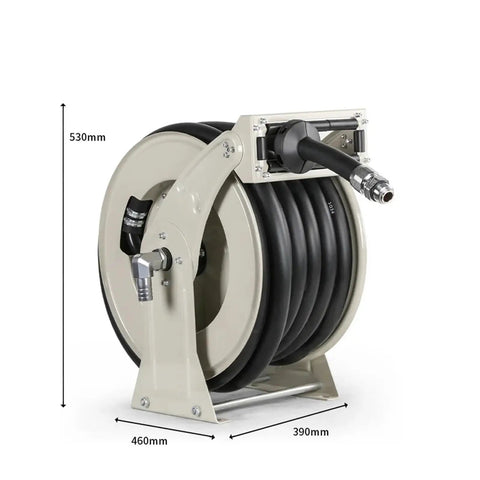 One Inch Heavy Duty Automatic Hose Reel Built Tough As Nails For Grip And Go Water Retrieval Plus Hassle Free Rolling Back showing reel with hose
