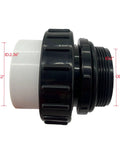 Side view of 2-inch MIP x 2-inch PVC hi-temp pool pump union; white body with black threaded collar, 2-pack