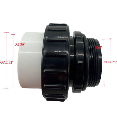 Side view of 2-inch MIP x 2-inch PVC hi-temp pool pump union; white body with black threaded collar, 2-pack