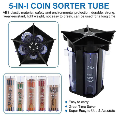 Easy Coin Sorter Tube Set With Wrappers, 5 in 1 Change Counter Machine showing 5 black tubes with clear wrappers