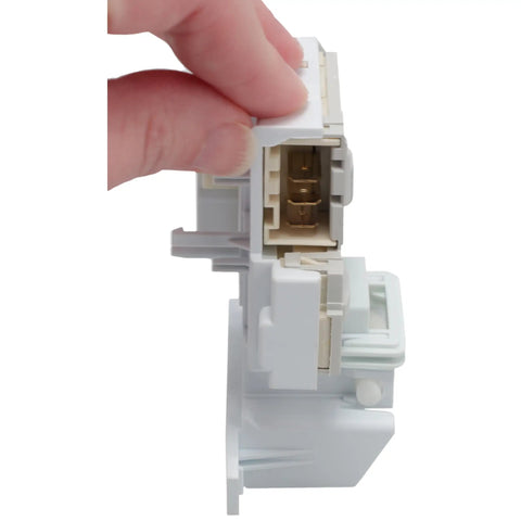 Close-up of Washer Lid Lock Door Latch Switch Replacement Part Replaces 4245274 PS11703540 AP5962162 in hand, showcasing connectors.