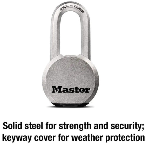 Magnum Heavy Duty Solid Steel Padlock With Key For Outdoor Gates And Sheds, front view showing boron-carbide shackle.