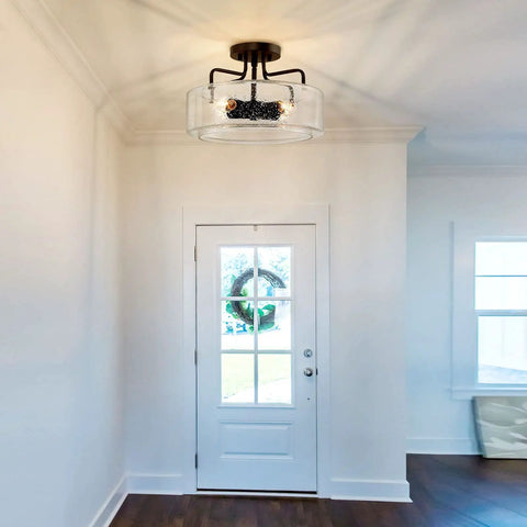 Dope Farmhouse Semi Flush Mount Ceiling Light With Drum Seeded Glass Shade Four Lights Oil Rubbed Bronze Finish Ideal For Hallways Bedrooms Kitchens Foyers And Bathrooms Brightens Any Space installed in a hallway.
