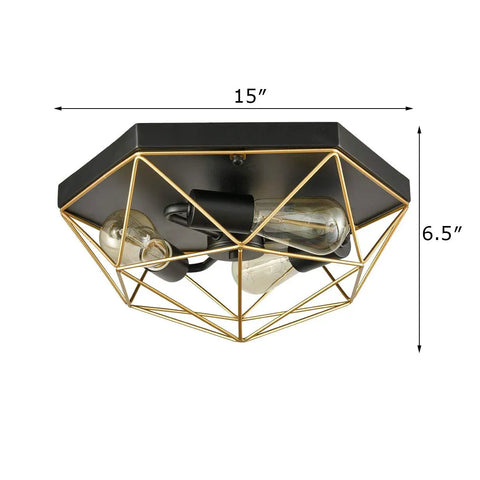 Brass Industrial Flush Mount Ceiling Light 3 Light Square Cage Fixture In Black And Gold Close To Ceiling Design