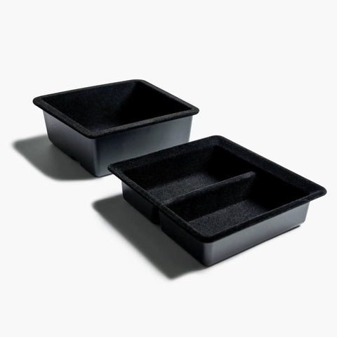 Tesla Model 3 Y Center Console Storage Trays Flocked Accessory Organizers Fit 2017 To 2023, two black flocked trays.