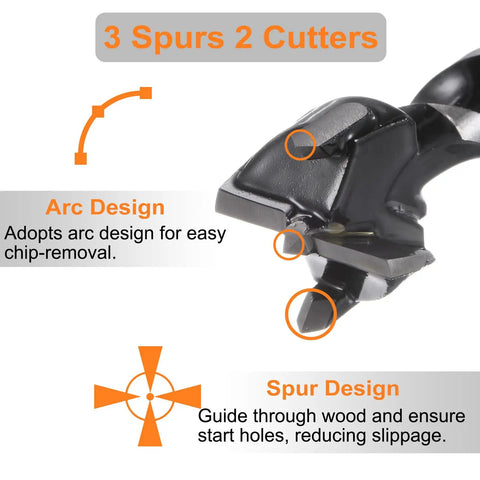 Premium Tungsten Carbide Forstner Drill Bit 3/4 Inch Hex Shank with 3 spurs and arc design for smooth chip removal.
