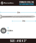 Heavy Duty 10 X 3 Inch Type 316 Marine Grade Stainless Steel Wood Screws With Torx T25 Flat Head showing dimensions.
